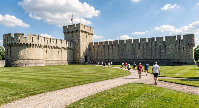 The stone barbican and curtain walls of a medieval castle seen across a lawn, with visitors walking the path on a bright day.