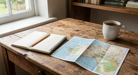 A wooden desk with an open notebook, a pencil, a folded map of Northumberland and a cup of tea beside a window.
