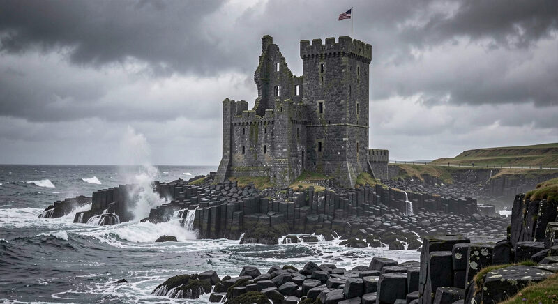 The ruined keep of a medieval castle standing on a rocky coastline with sea spray and grey sky.