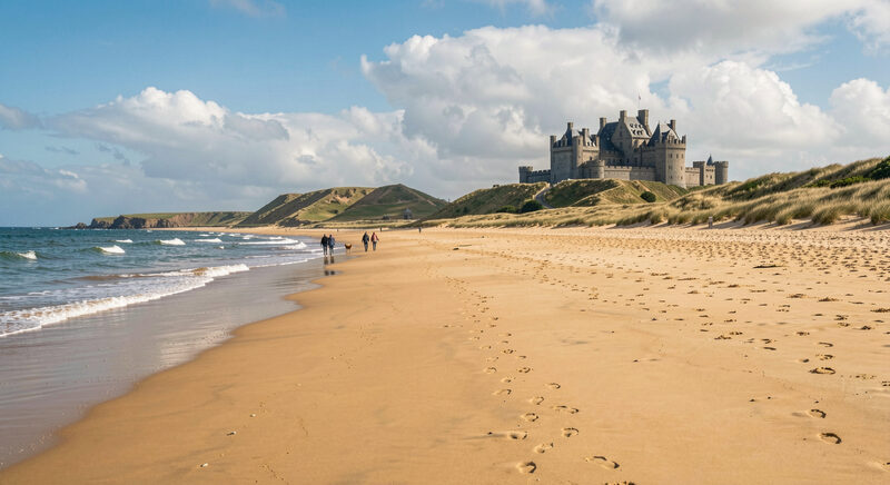 A wide golden sand beach with a castle on a dune in the far distance under a big bright sky.