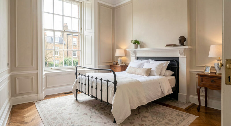 A bright guest bedroom in a Georgian townhouse with a sash window, white linen and a cast iron fireplace.